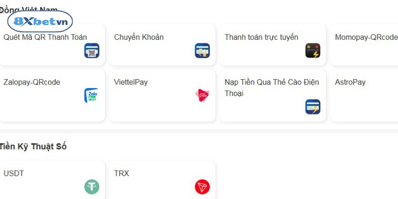 Nạp rút tiền 8Xbet qua ngân hàng, ví điện tử, tiền kỹ thuật số
